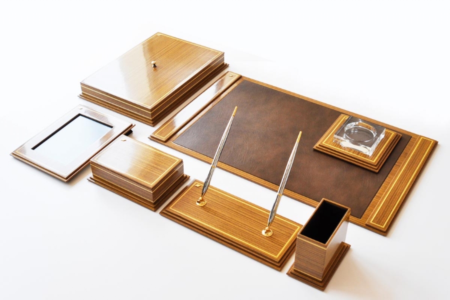 TABAC Wooden Luxury Leather Desk Set (brown-teak) - 7004074 Leather And ...